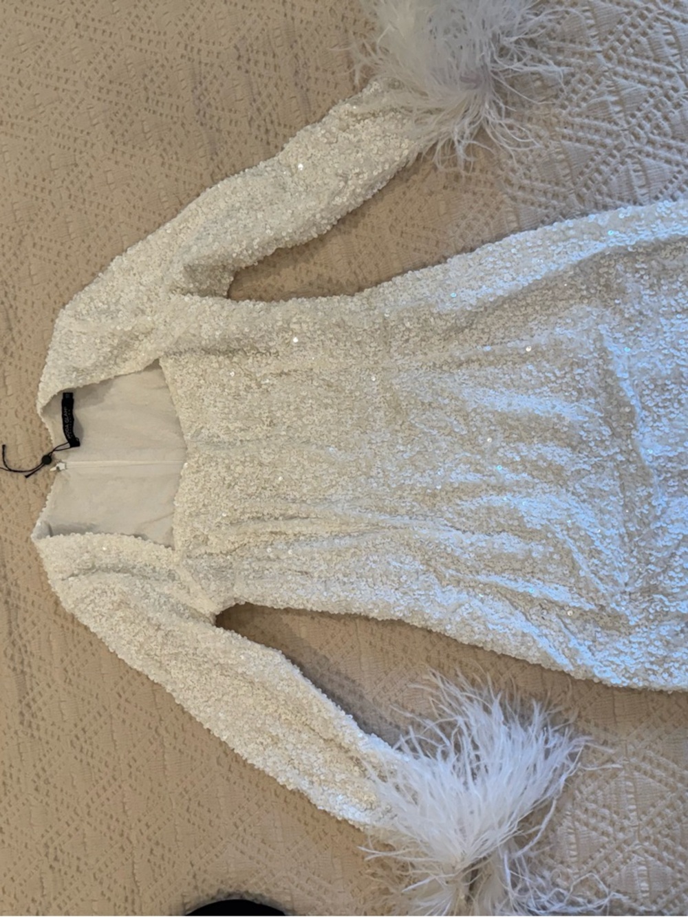 JADE LONG SLEEVED SEQUIN MINI DRESS W/ FEATHER TRIM- WHITE - Picture 2 of 4